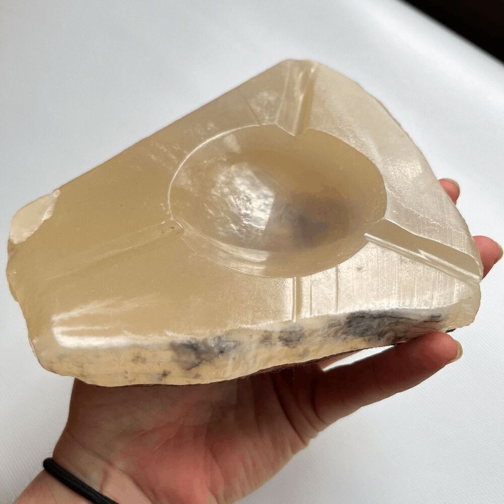Vintage Natural Edge Carved Onyx Dish / Ashtray with Suede Backing